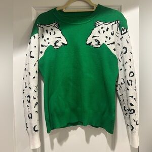 Green and White Leopard Print Sweater